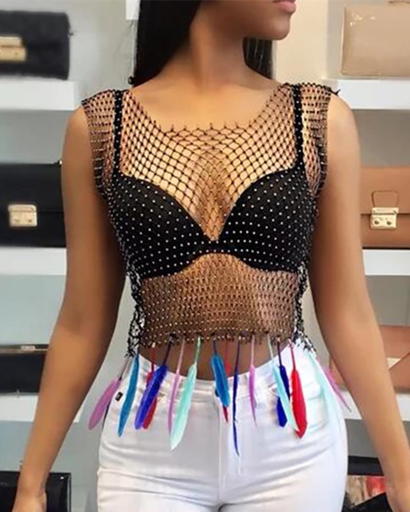 

See Through Hollow Out Studded Top, Black