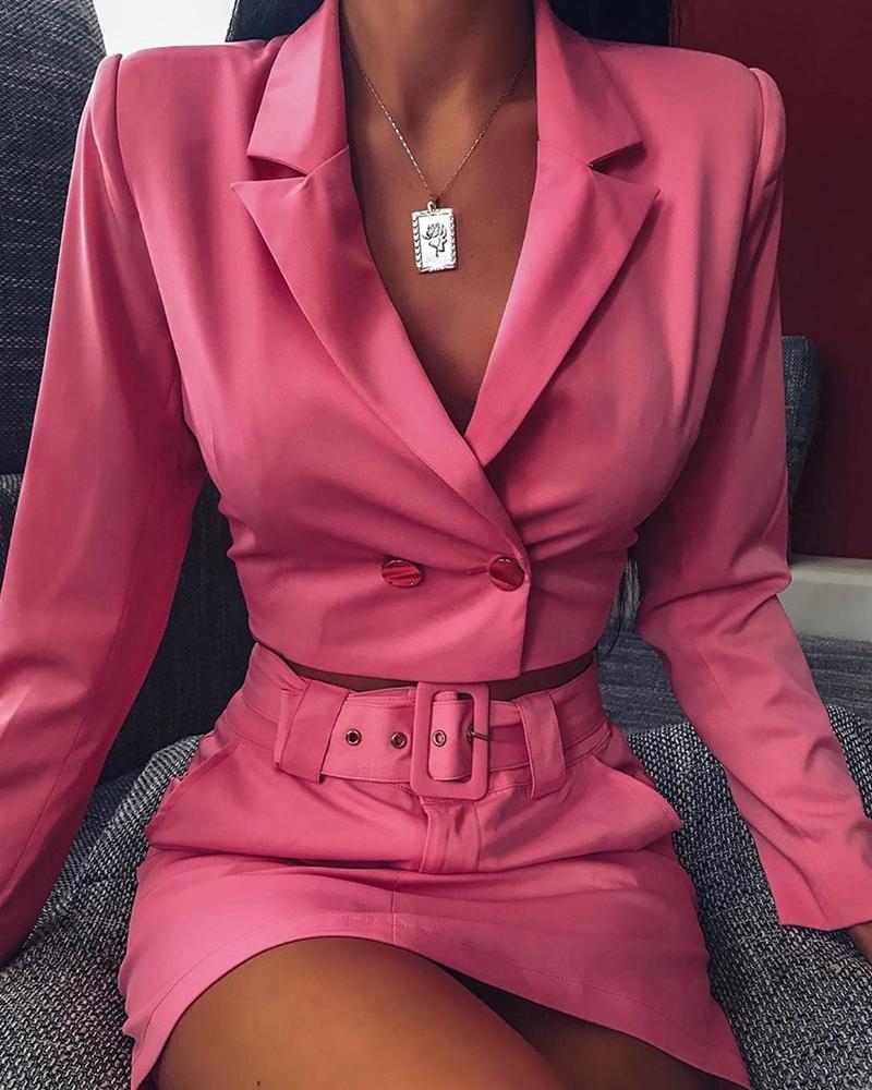 

Solid Buttoned Blazer Top & Belted Slinky Skirt Sets, Pink