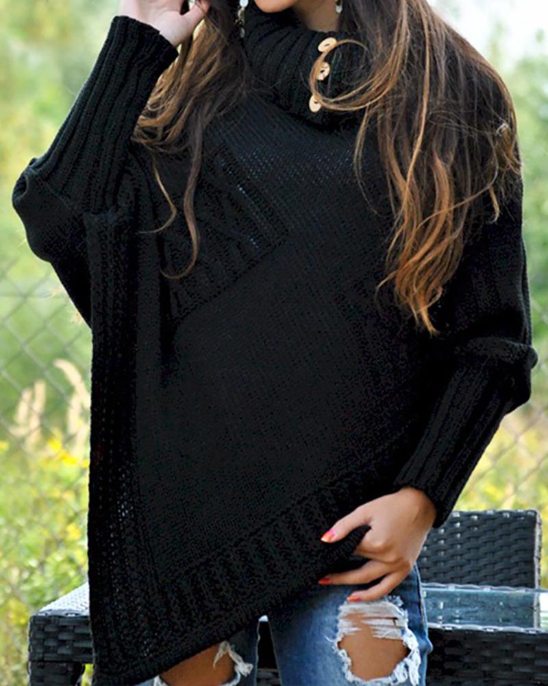 

High Neck Ribbed Knitting Irregular Hem Casual Sweater