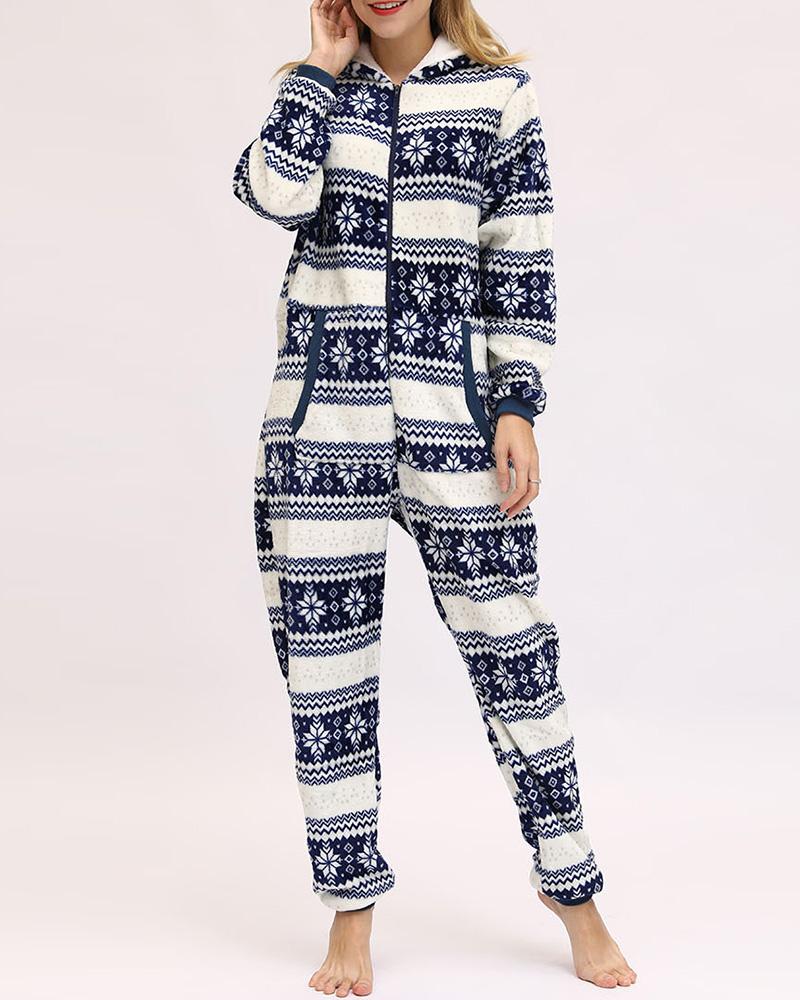 

Christmas Mixed Print Hooded Lounge Jumpsuit, Blue