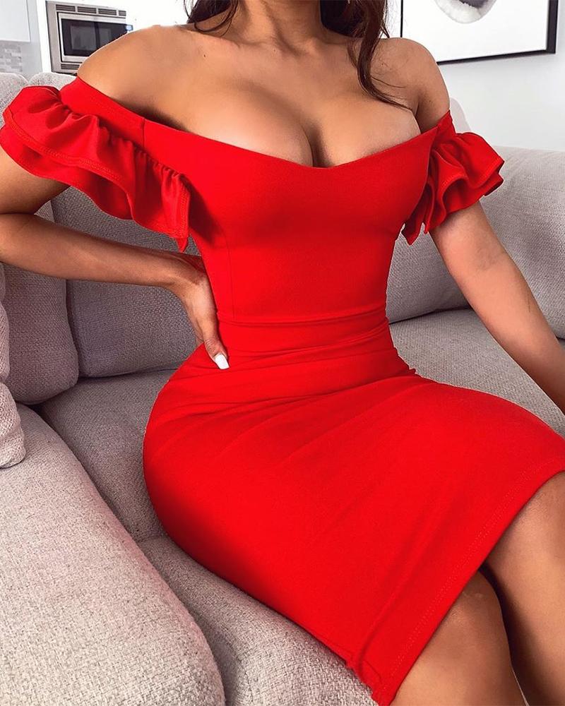

V Neck Ruffle Sleeve Bodycon Dress, Red