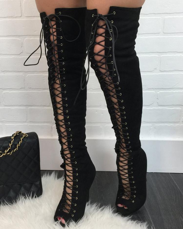 

Stylish Lace Up Zipper Knee-High Boots, Black