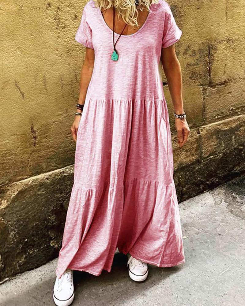 

Ruffles Short Sleeve Round Neck Casual Dress, Pink