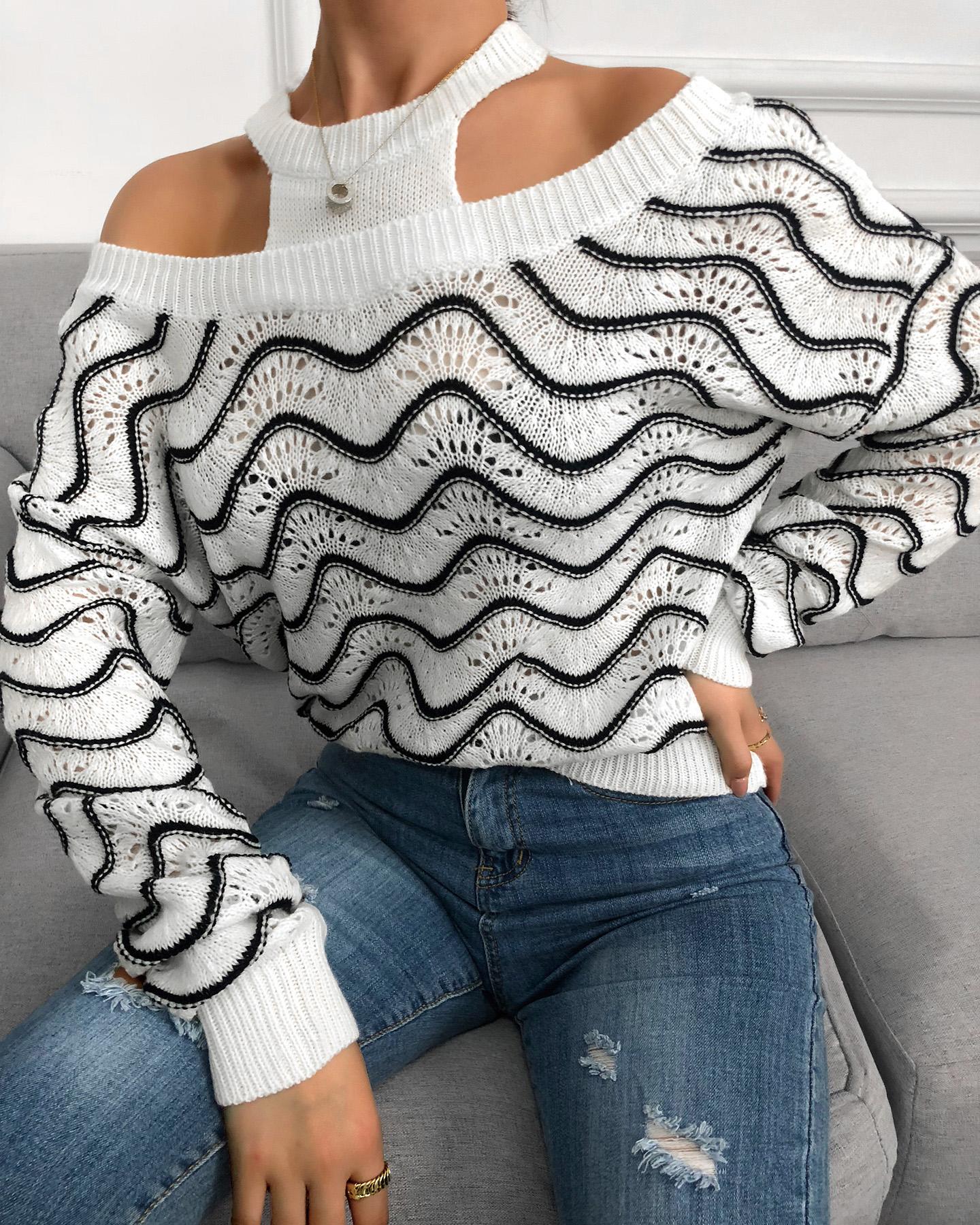 

Colorblock Hollow Out Cold Shoulder Sweater, White