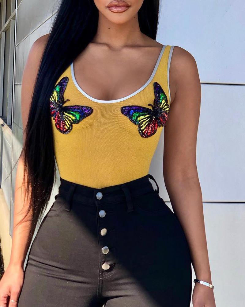 

Butterfly Pattern Thick Strap Top, Yellow