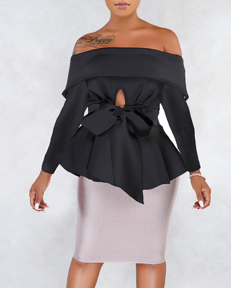 

Off Shoulder Keyhole Bowknot Ruffles Top, Black