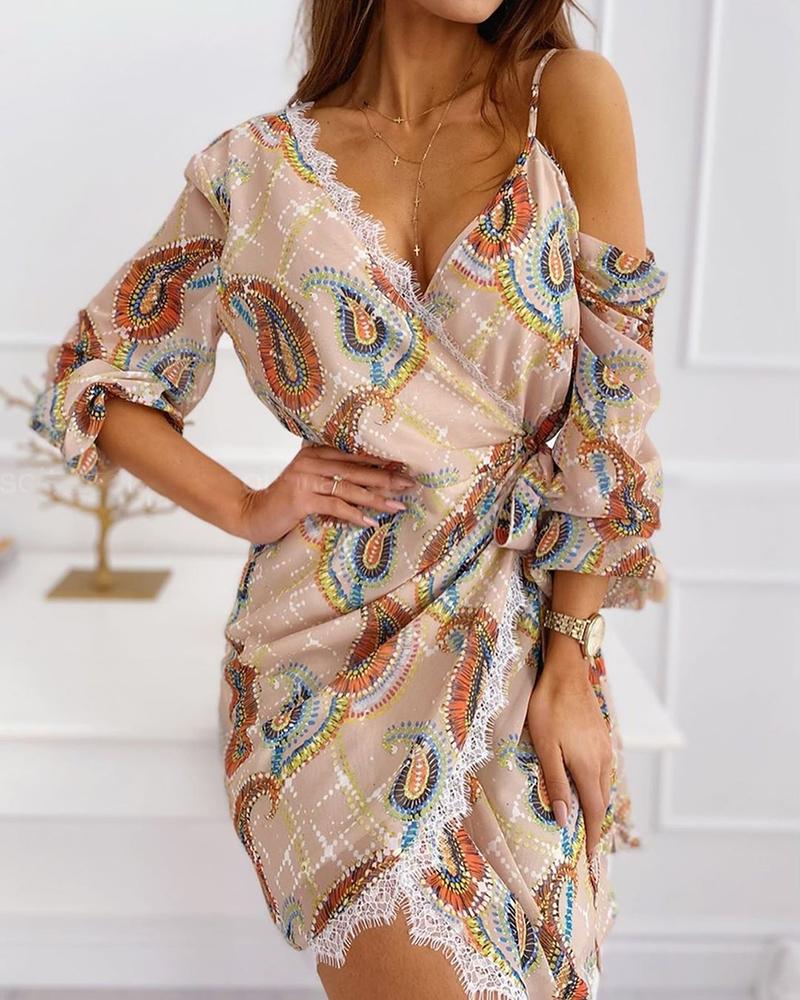 

Print V-Neck Long Sleeve Casual Dress, Nude