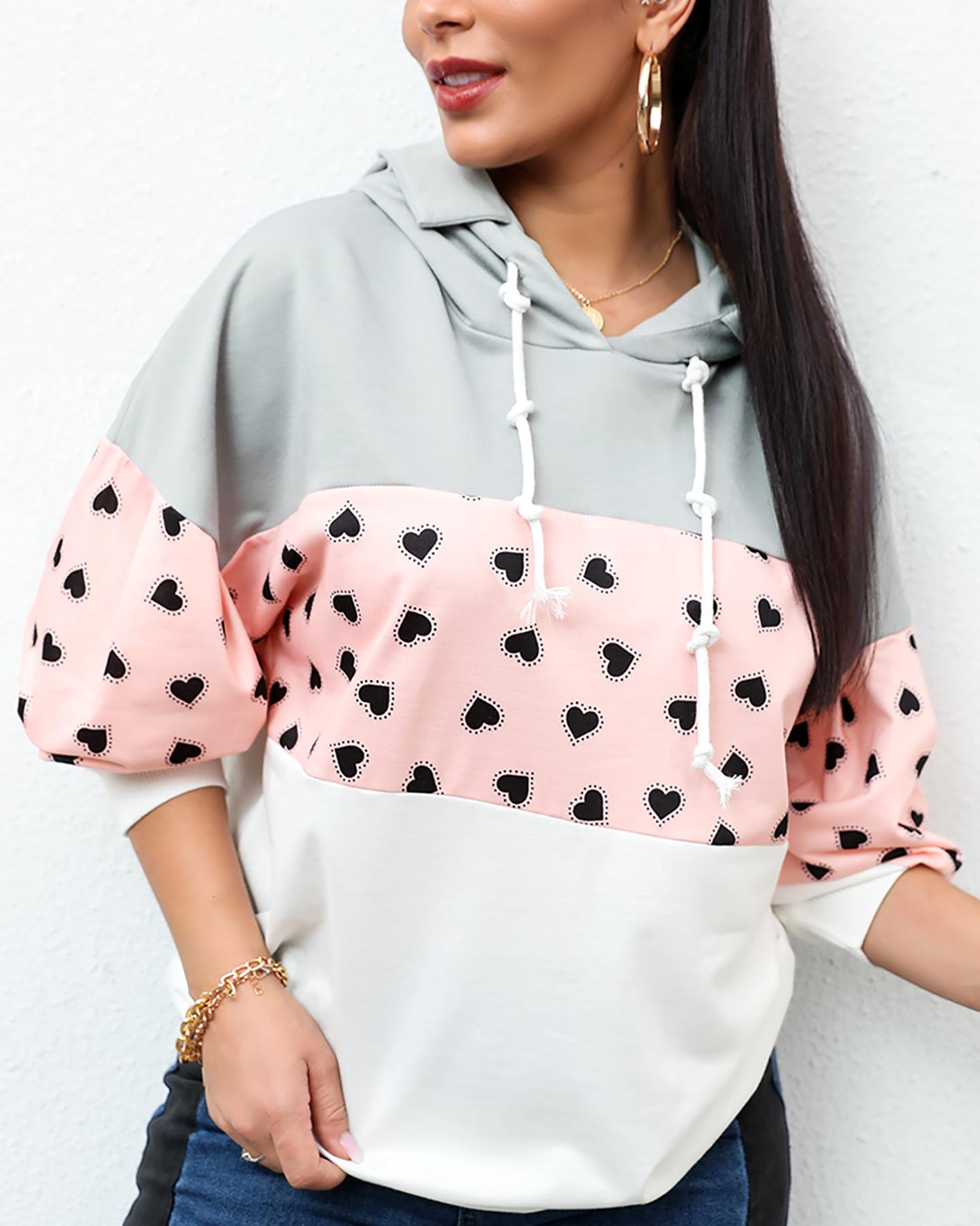 

Heart Print Colorblock Hooded Casual Sweatshirt, Pink
