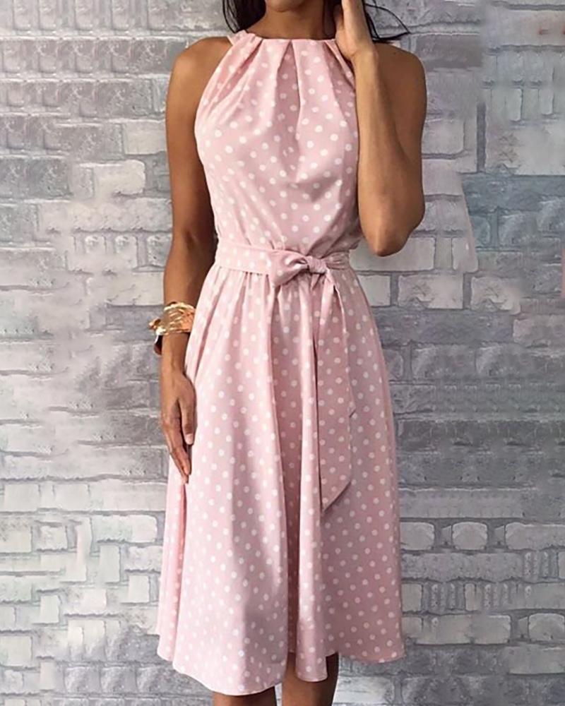 

Polka Dots Print Ruched Casual Dress, Pink