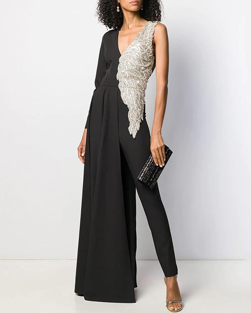 

Embroidery One Shoulder Mesh Jumpsuit, Black