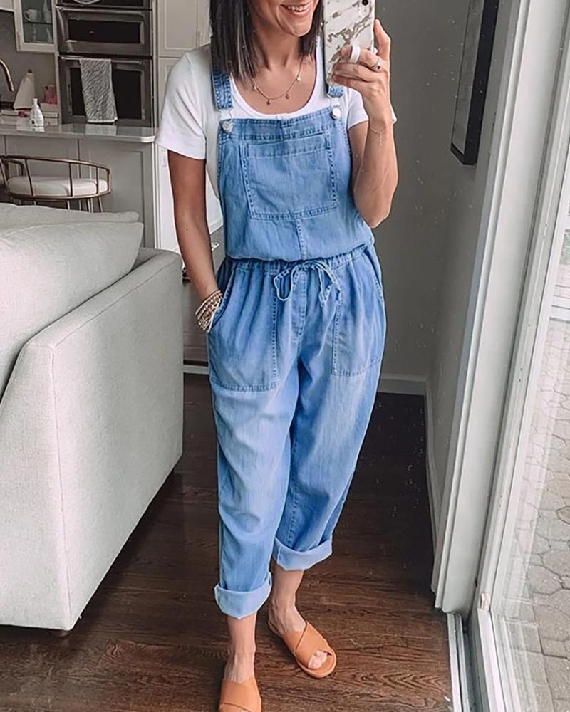 

Drawstring Detail Dual Pocket Suspender Jumpsuit, Blue