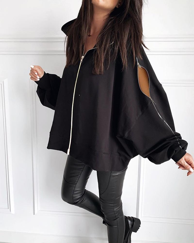 

Zipper Design Plain Batwing Sleeve Coat, Black