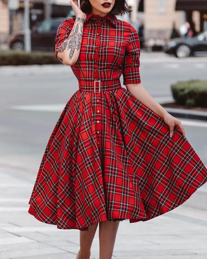 

Plaid Colorblock Half Sleeve Shirt Dress, Red