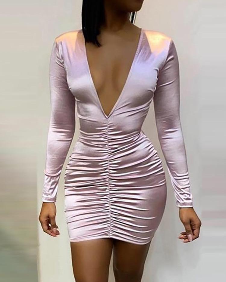 

Deep V-Neck Ruched Design Dress, Light pink