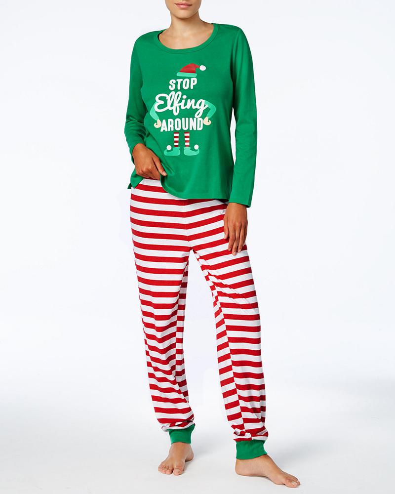 

Christmas Letter Print Top & Striped Pants Set, Green