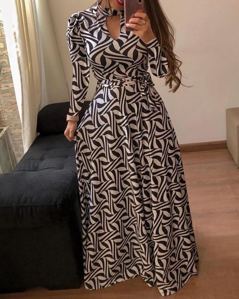 

Cutout Print Maxi Long Sleeve Dress, White