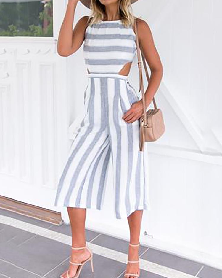 

Fashion Chunky Stripes Cutout Wide Leg Jumpsuit