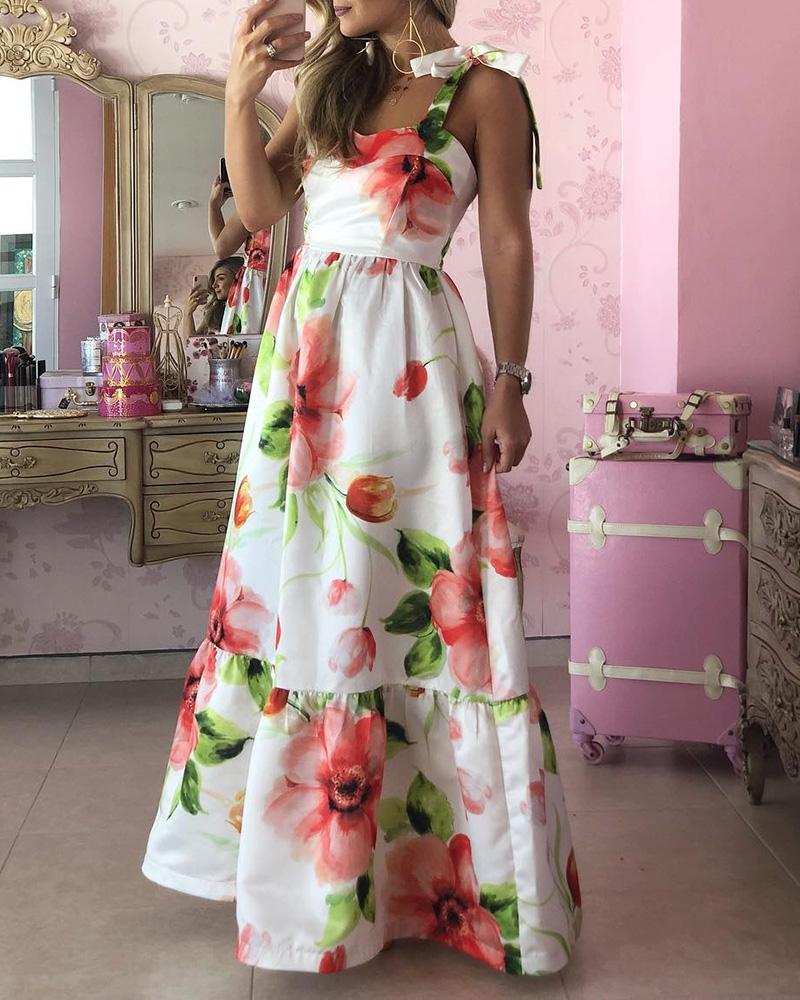 

Floral Print Tied Strap Maxi Dress, White