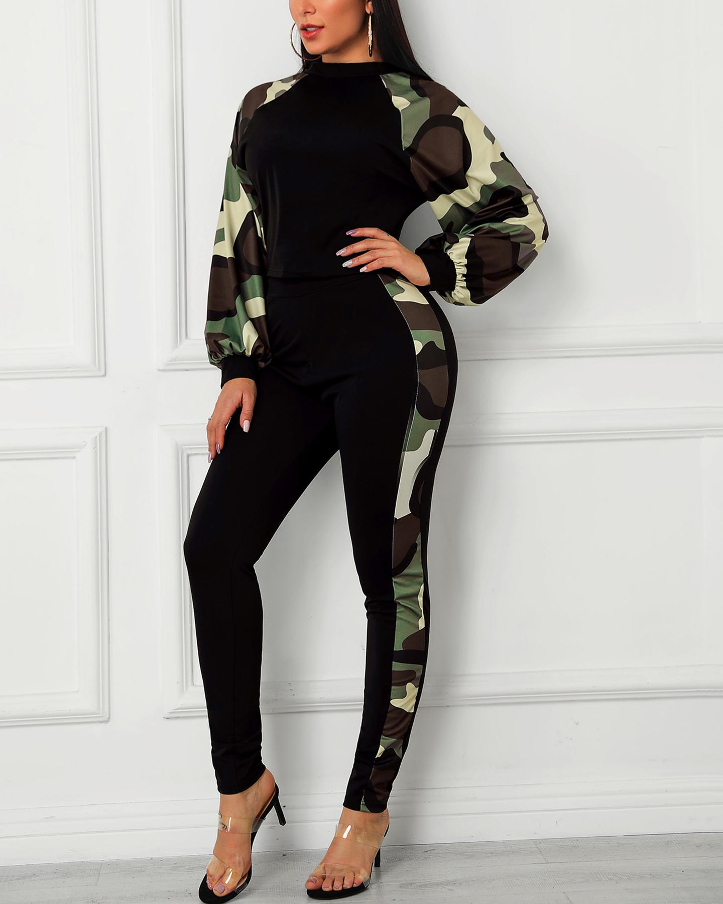 

Camouflage Print Insert Top & Pants Sets, Army green