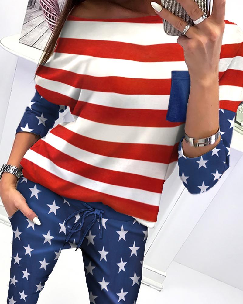 

Star Print Striped Colorblock Top & Pants Set, Multicolor