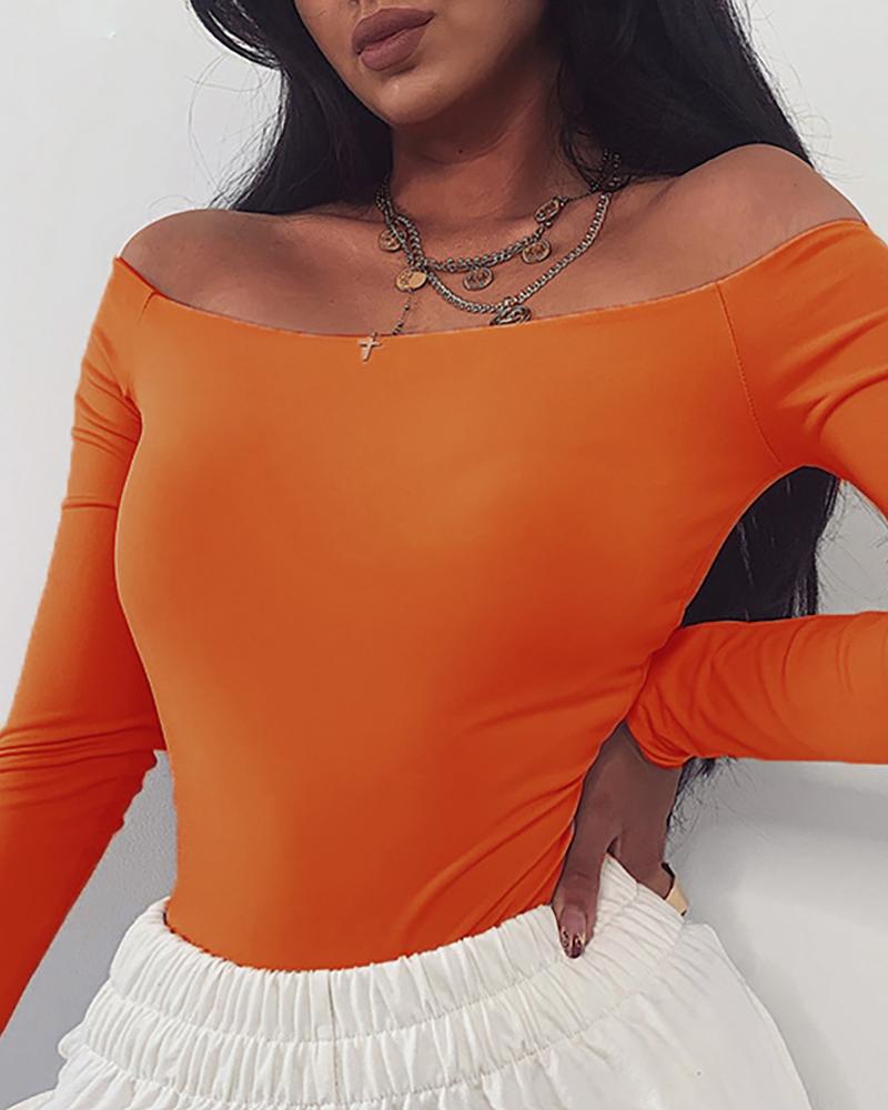 

Solid Off Shoulder Long Sleeve Bodysuit, Orange