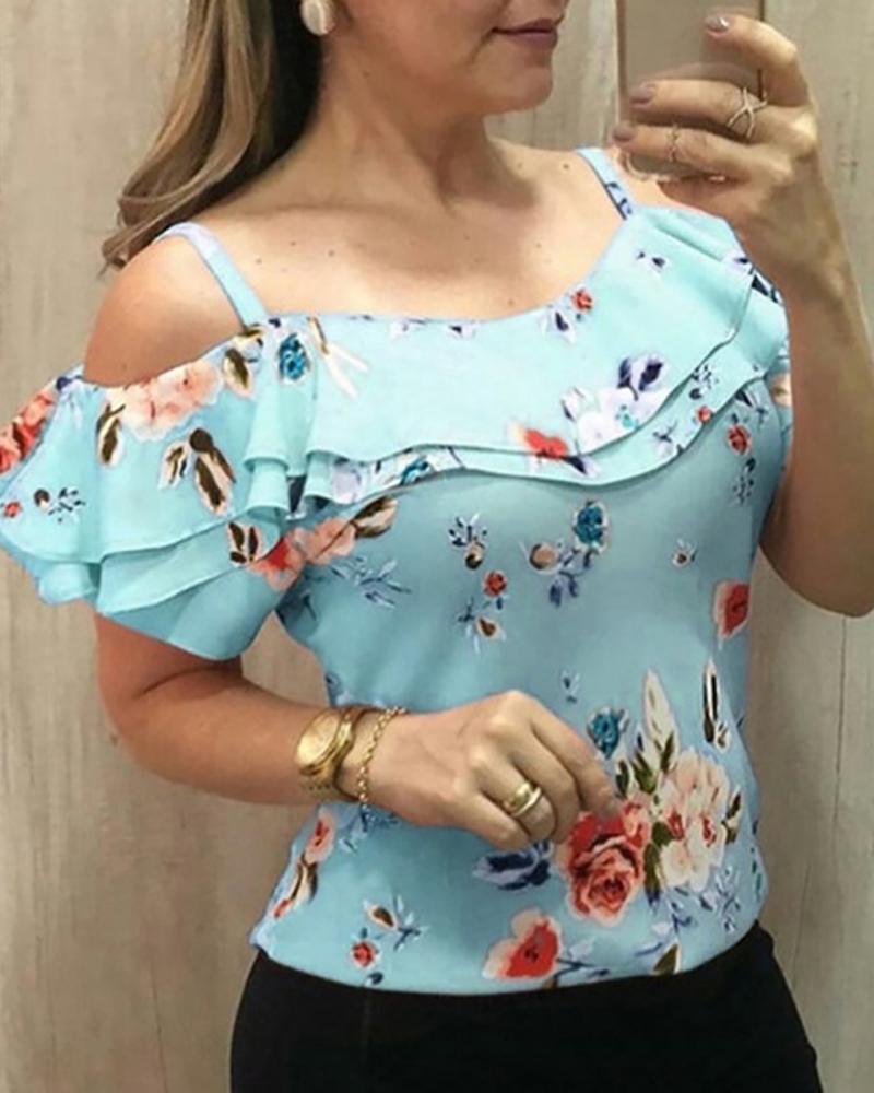 

Floral Print Ruffled Cold Shoulder Tops, Blue