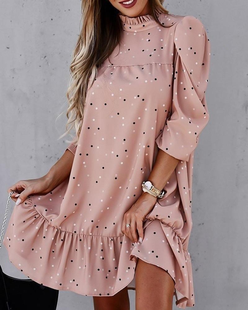

Dot Print Ruffles Hem Puffed Sleeve Dress, Light pink