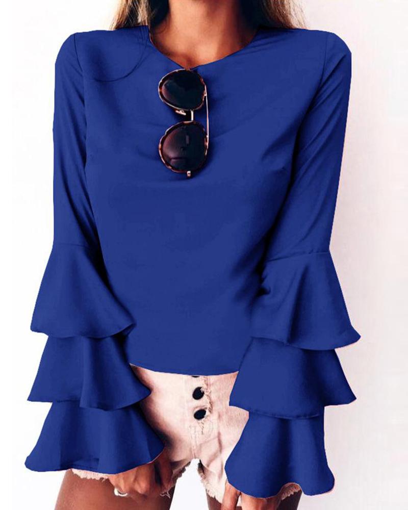 

Casual Ruffle Long Sleeve Blouse, Blue