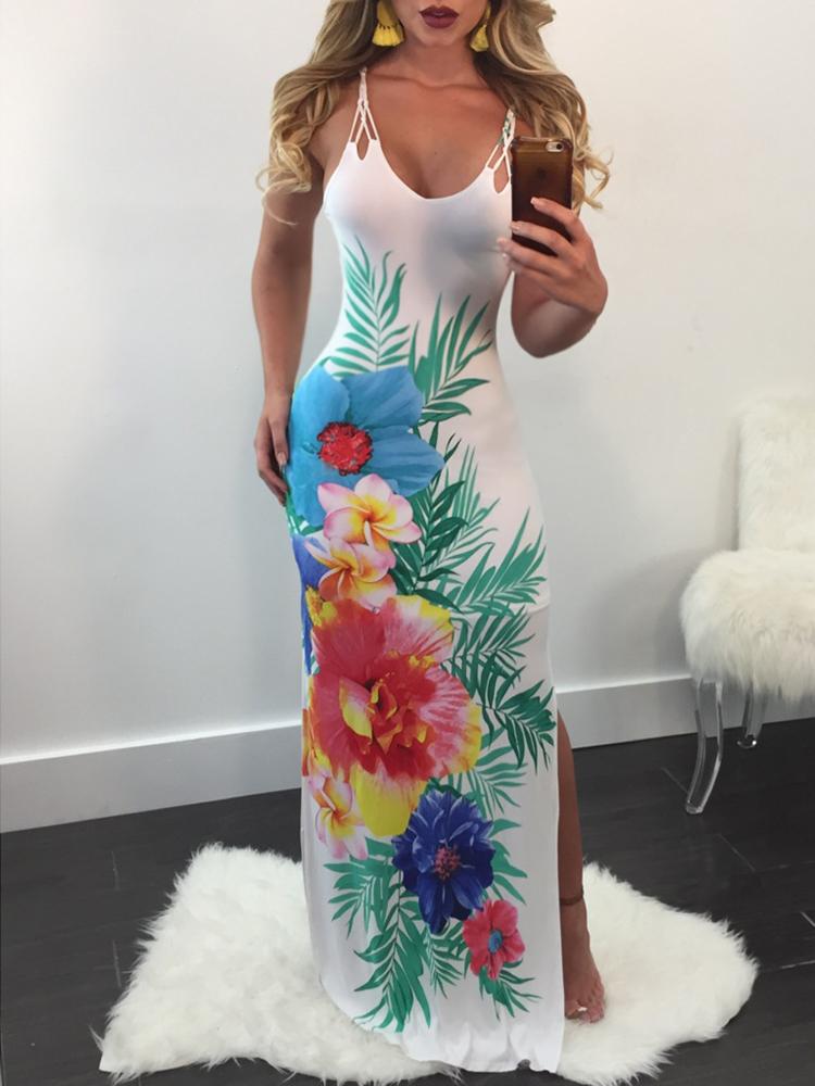 

Sexy Backless Lace-Up Floral Print Slit Maxi Dress