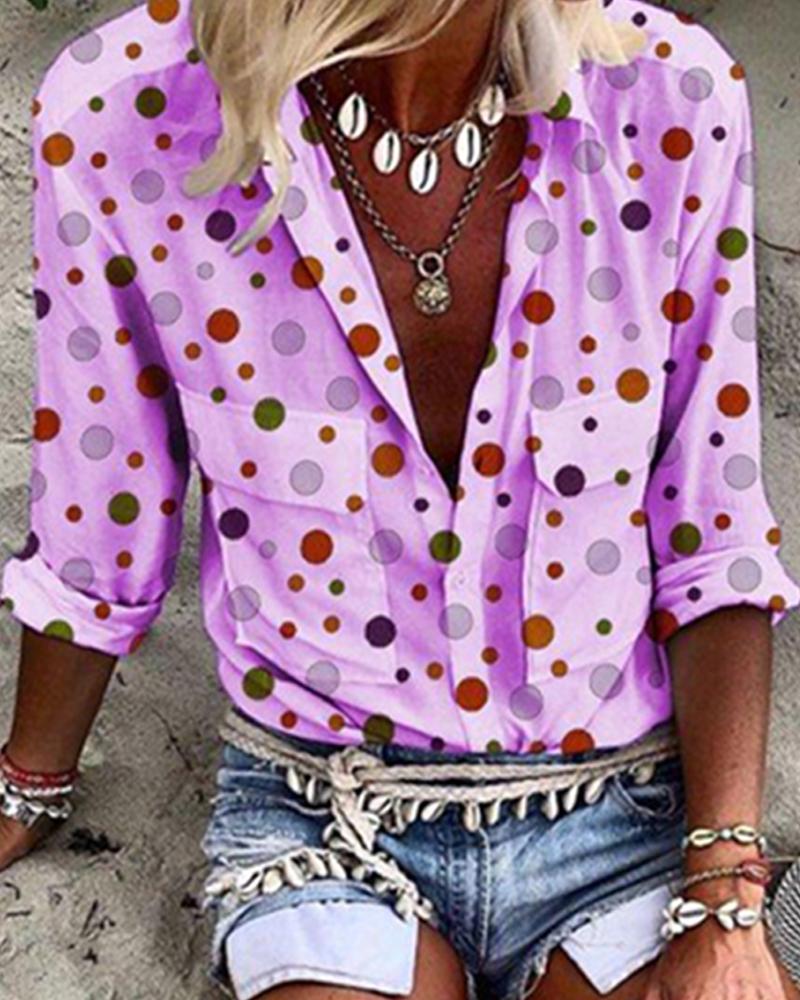

Double Pockets Dot Print Shirt, Purple