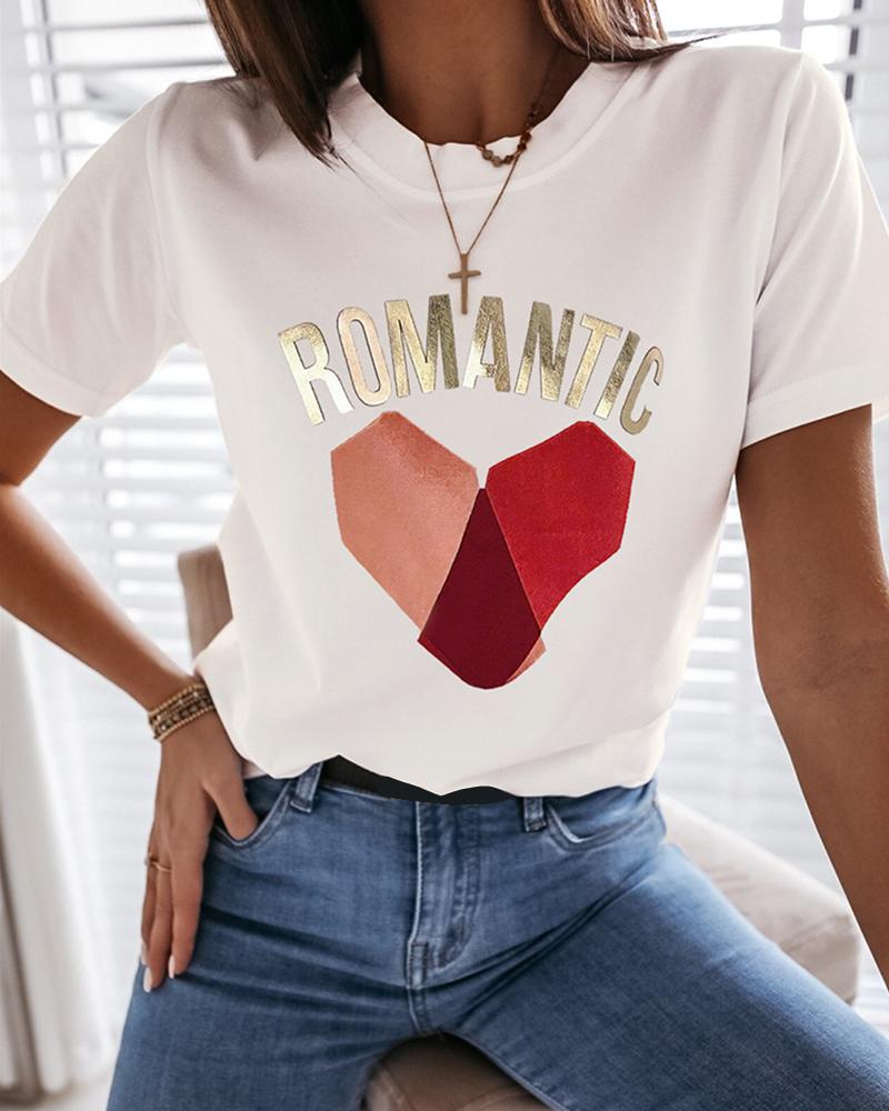 

Letter Print Heart Patter Casual T-shirt, White