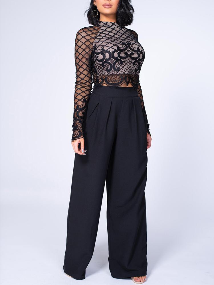 

Sheer Lace Top & Wide Leg Pant Sets, Black