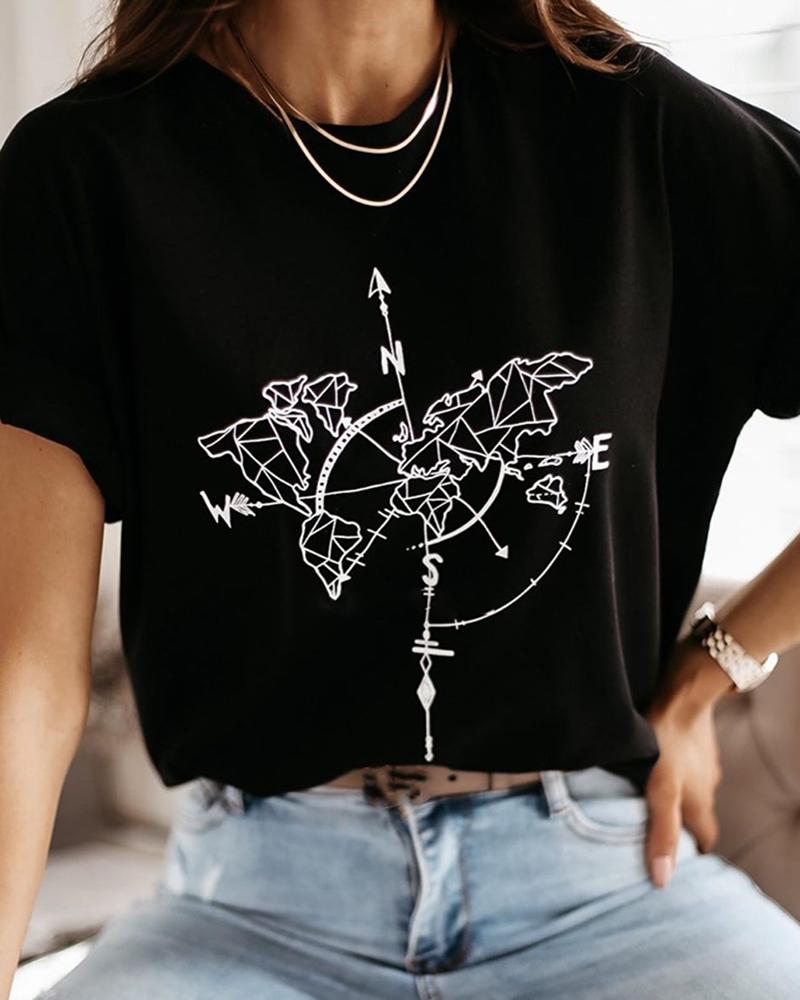 

Print Short Sleeve Casual T-shirt, Black