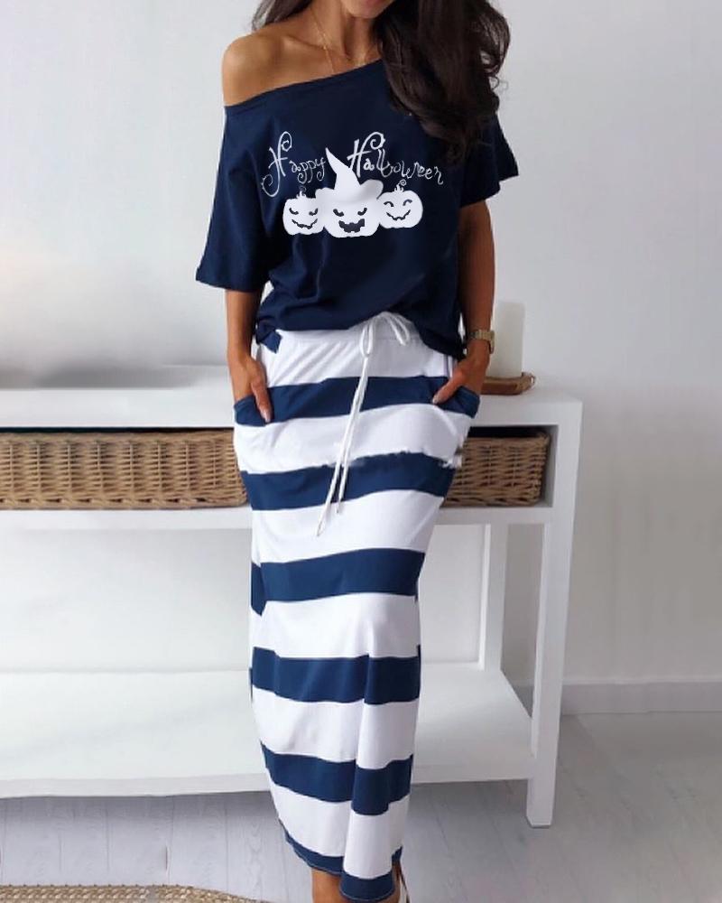 

Halloween Pumpkin Letter Print Top & Striped Maxi Skirt Set, Purplish blue