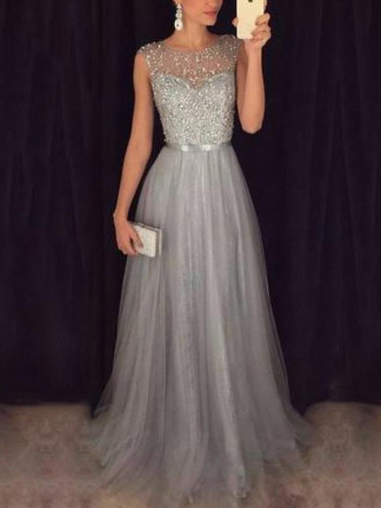 

Elegant Sequins Patchwork Mesh Gown Dress, Gray