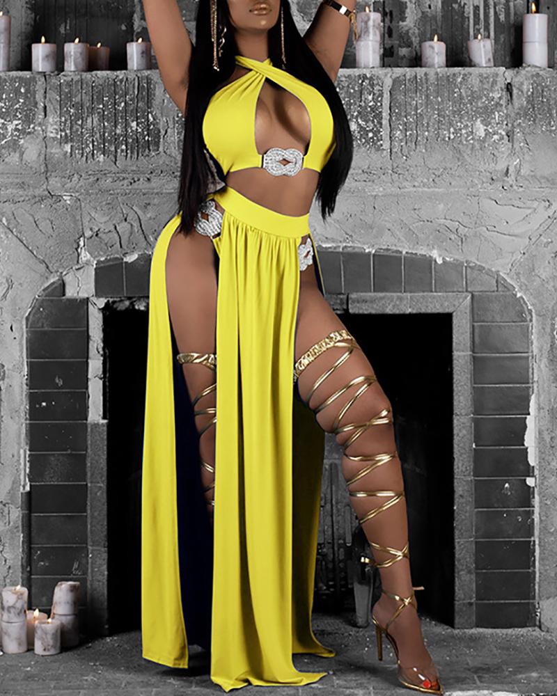 

Solid Halter Bikini Sets With Cover Ups, Yellow