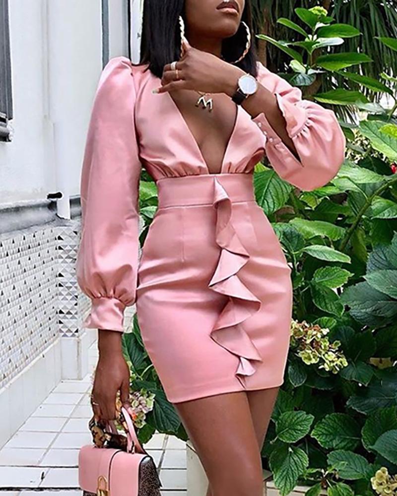 

Solid Ruffles Design Tight Waist Dress, Pink