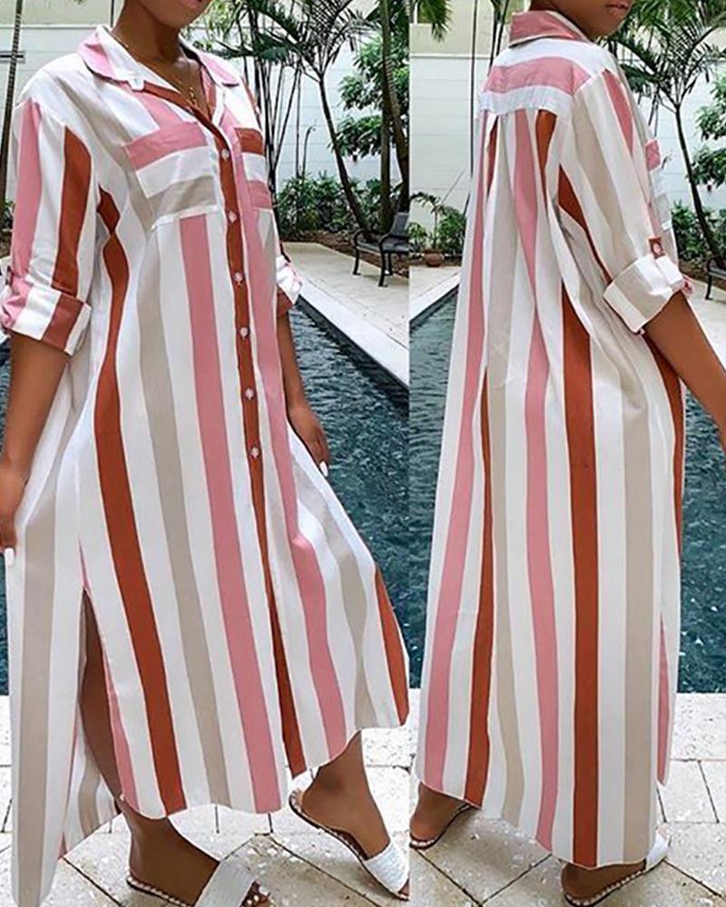 

Striped Turn-down Collar Slit Shirt Dress, Pink