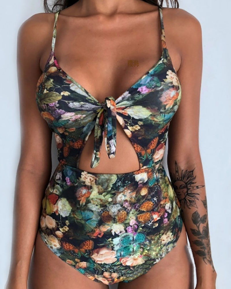 

Print Tied Lace-Up Back One Piece Swimsuit, Brown