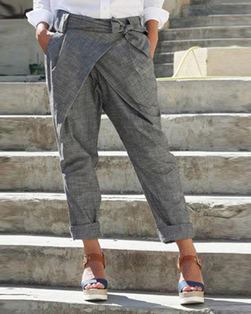

Cross Over Design Tie Waist Pants, Gray