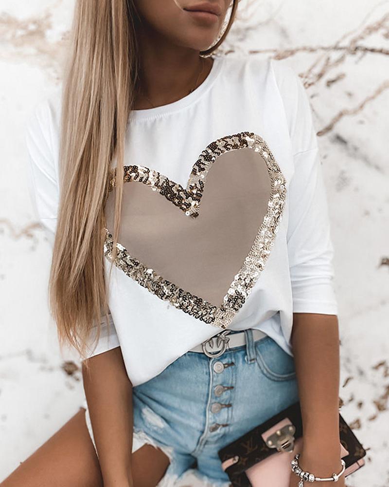 

Glitter Heart Decoration Print Long Sleeve T-shirts, White