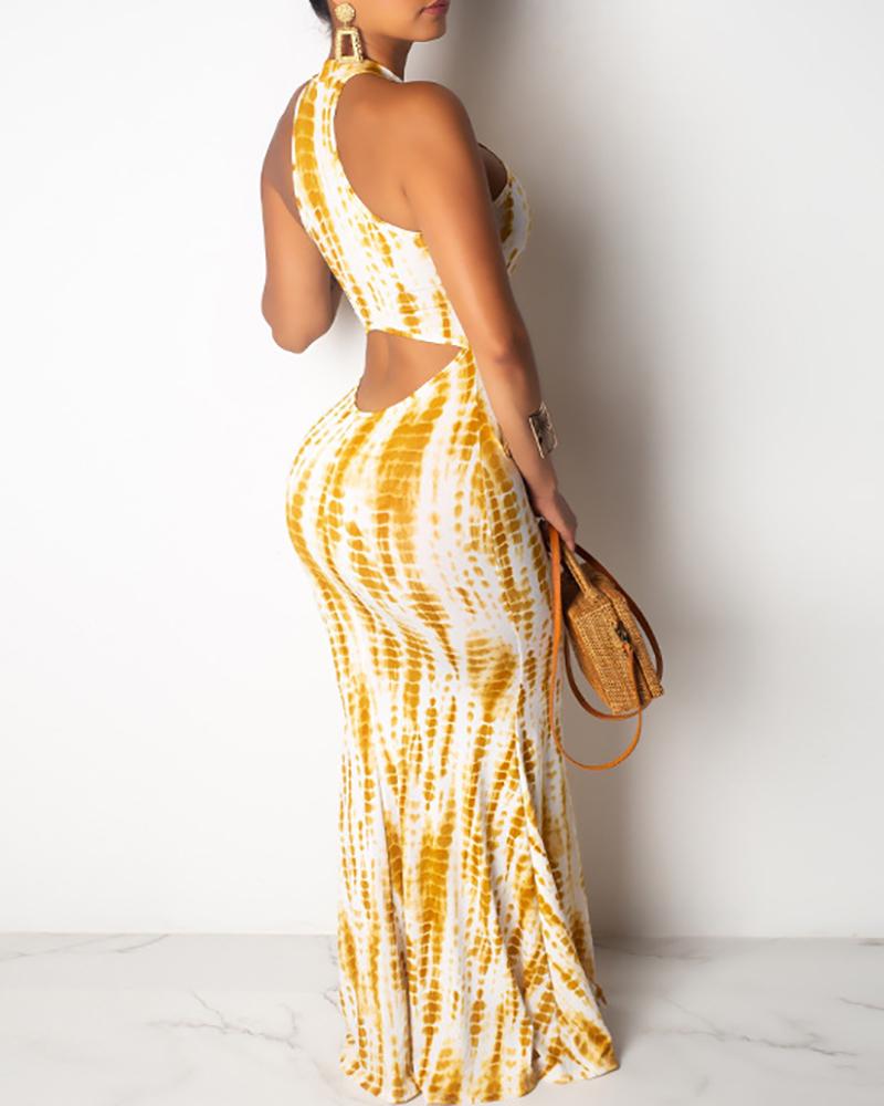 

Tie Dye Print Halter Maxi Dress, Gold