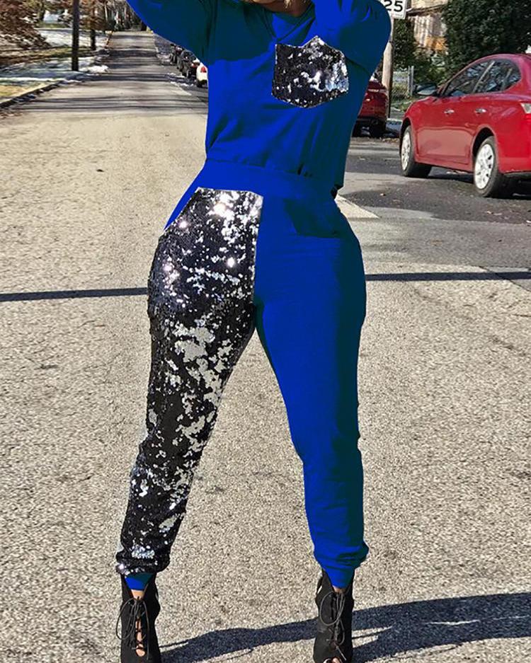 

Long Sleeve Sequin Sweatshirt & Pant Sets, Blue