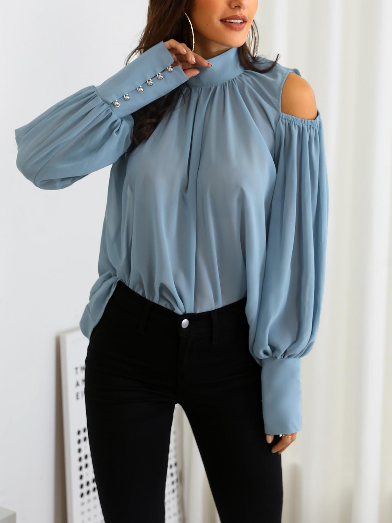 

Cold Shoulder Buttoned Cuff Blouse, Blue