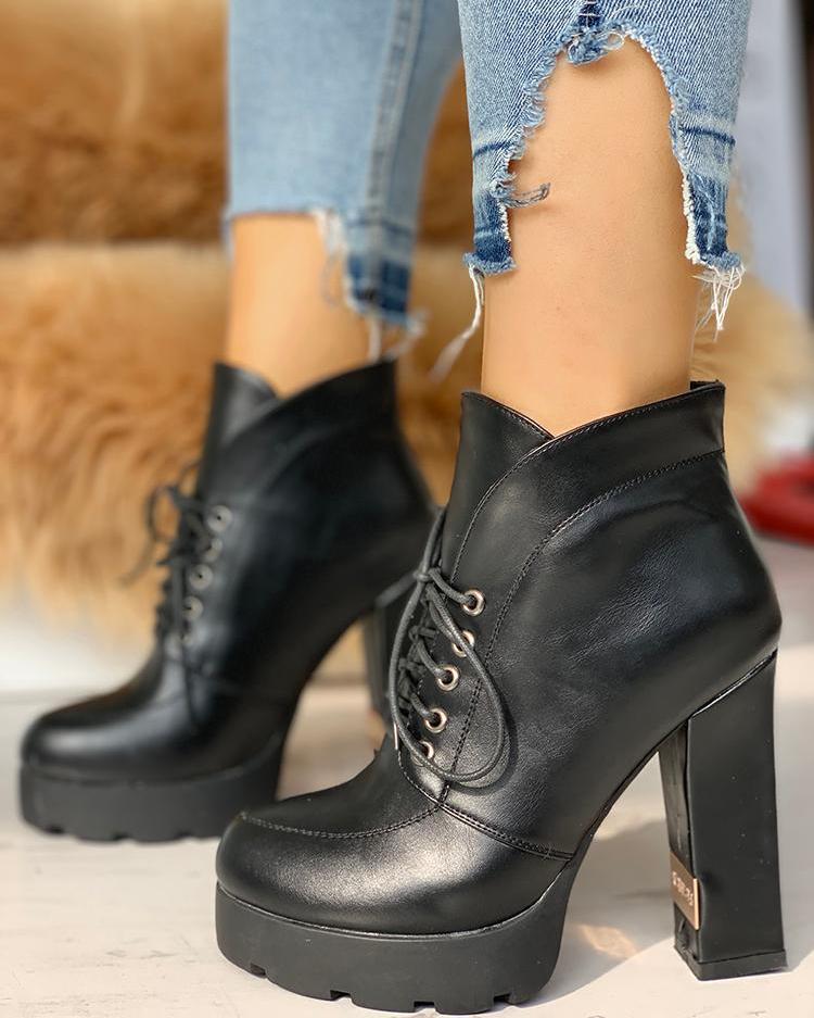 

PU Platform Lace-Up Chunky Heeled Boots, Black