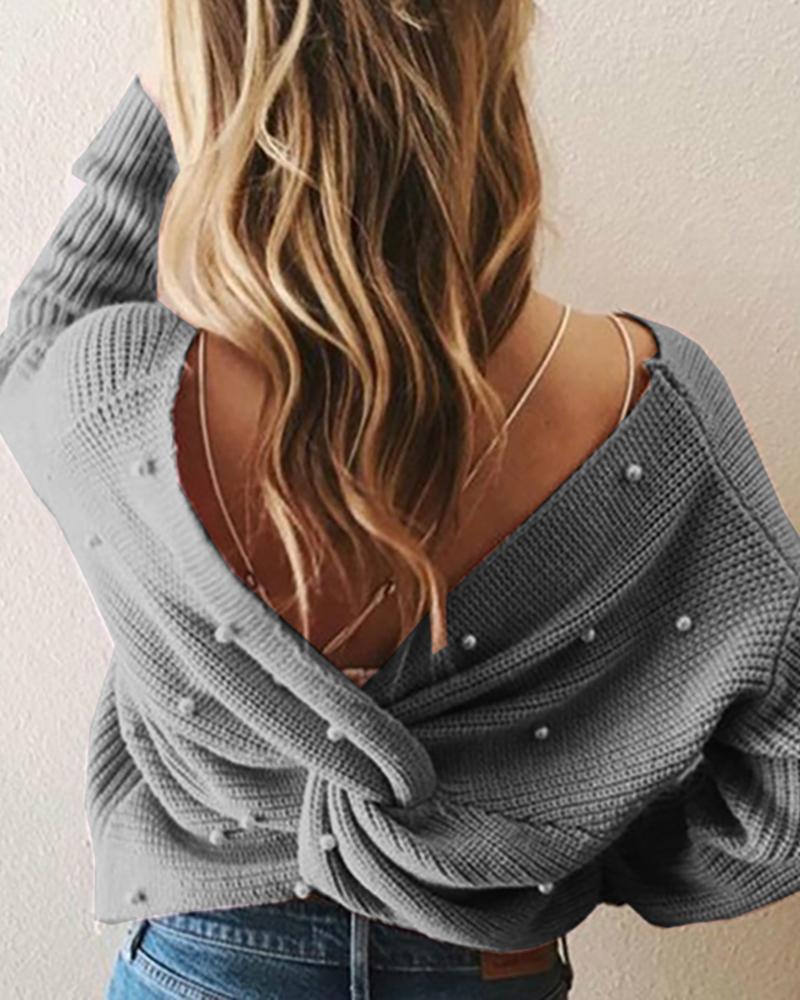 

Beaded Twisted Design Knitting Sweater, Gray