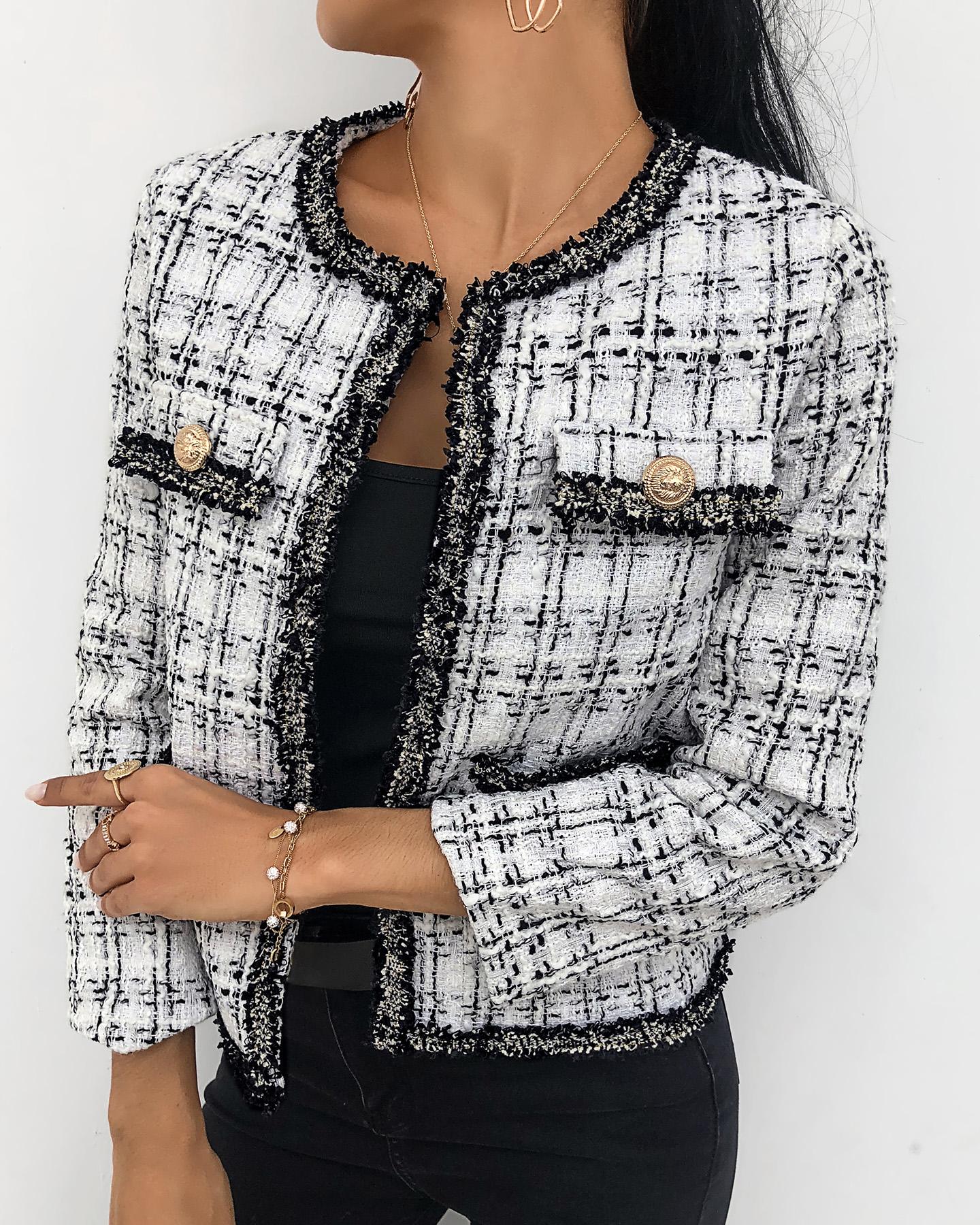 

Button Design Long Sleeve Tweed Coat, White