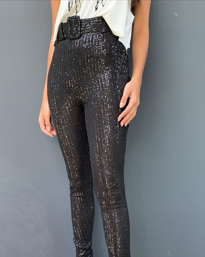 

Sequins High Waist Skinny Pants, Black