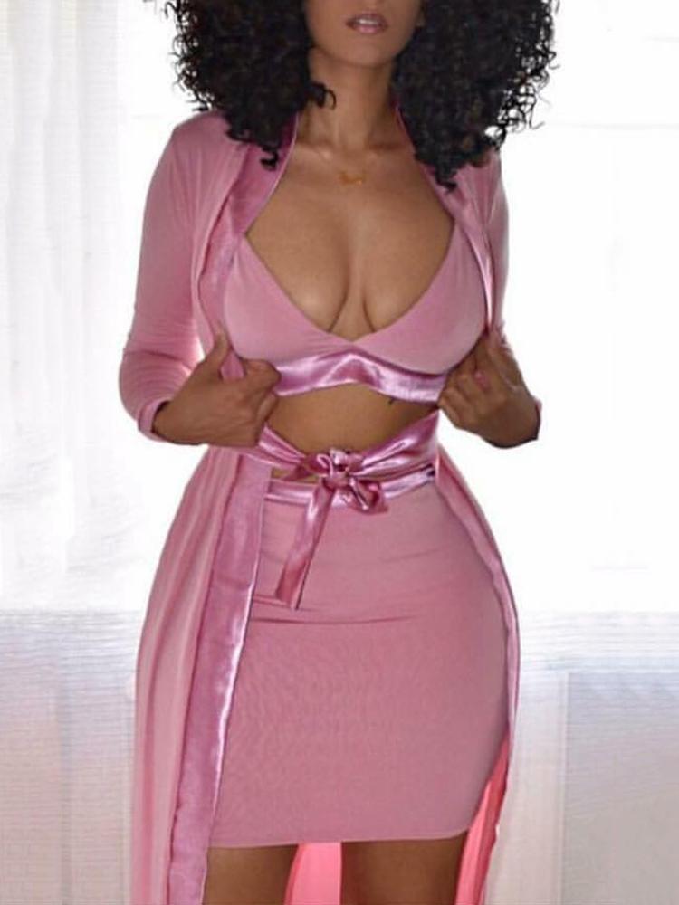 

Sexy Low Cut Belted Cropped Skirt Set With Cover Up