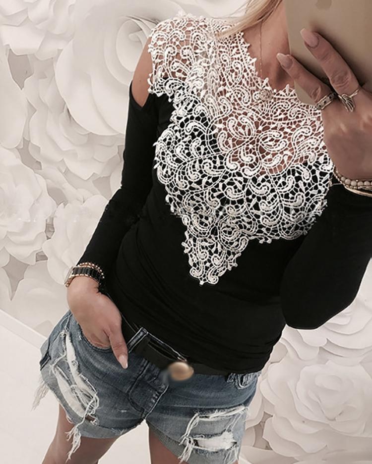 

Appliqued Lace Cold Shoulder Blouse, Black